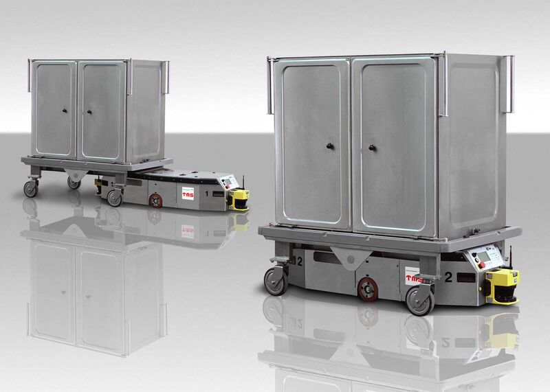 Stainless steel underride AGV transporting a roll container in a hospital